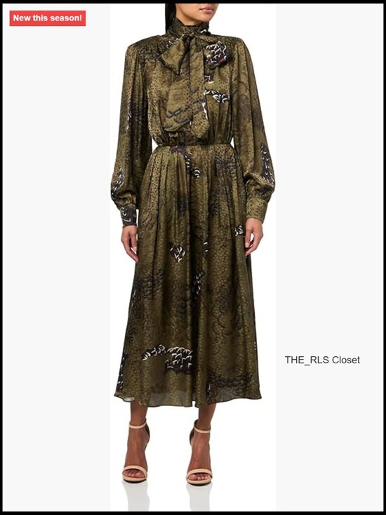 Dresses & Skirts - Silk Viscose Midi Dress with Tie Neck and Bishop Sleeves